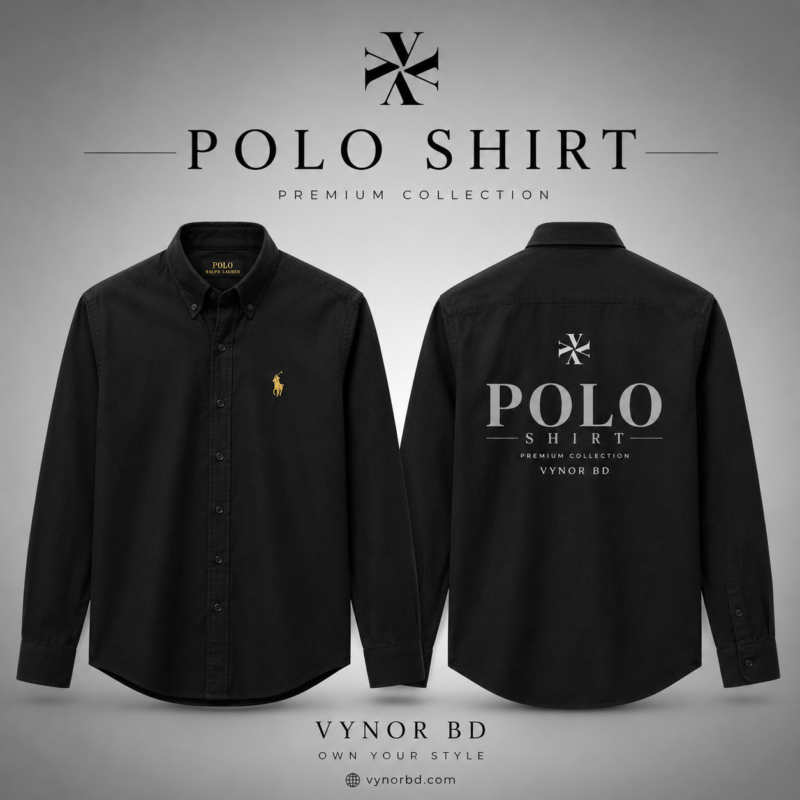 Premium Black Polo Full Sleeve Shirt for Men Hanging on Display