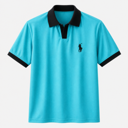 Classic Old Money Ribbed Polo Shirt - Turquoise Blue